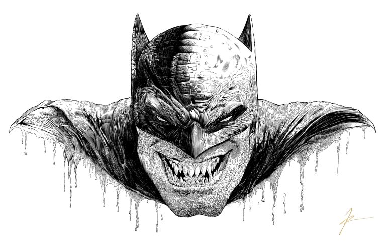 Black-and-white illustration of Batman facing Killer Croc.