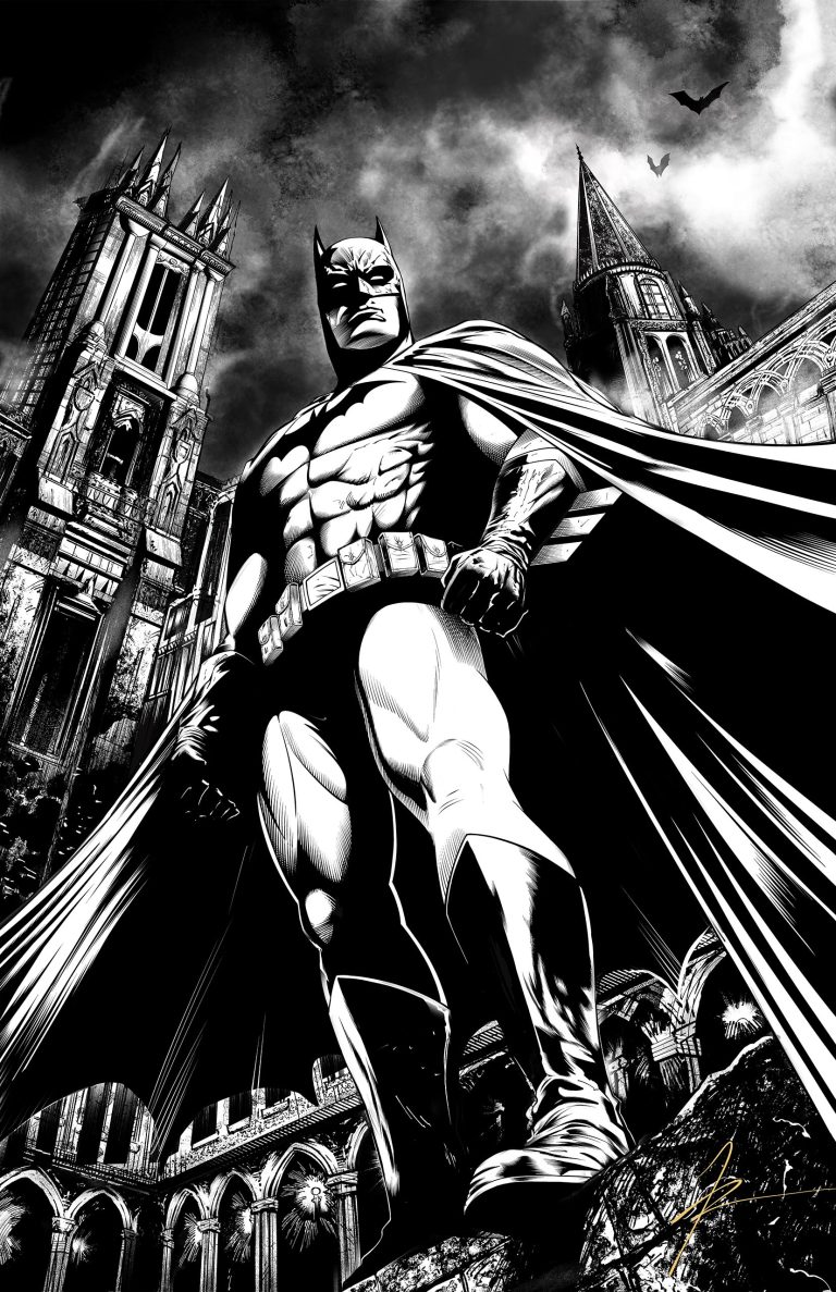 Black-and-white Batman illustration.