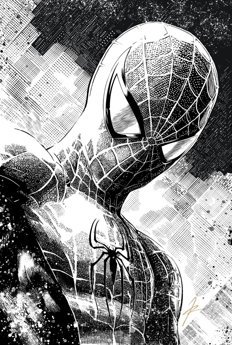Black-and-white Spider-Man portrait illustration.