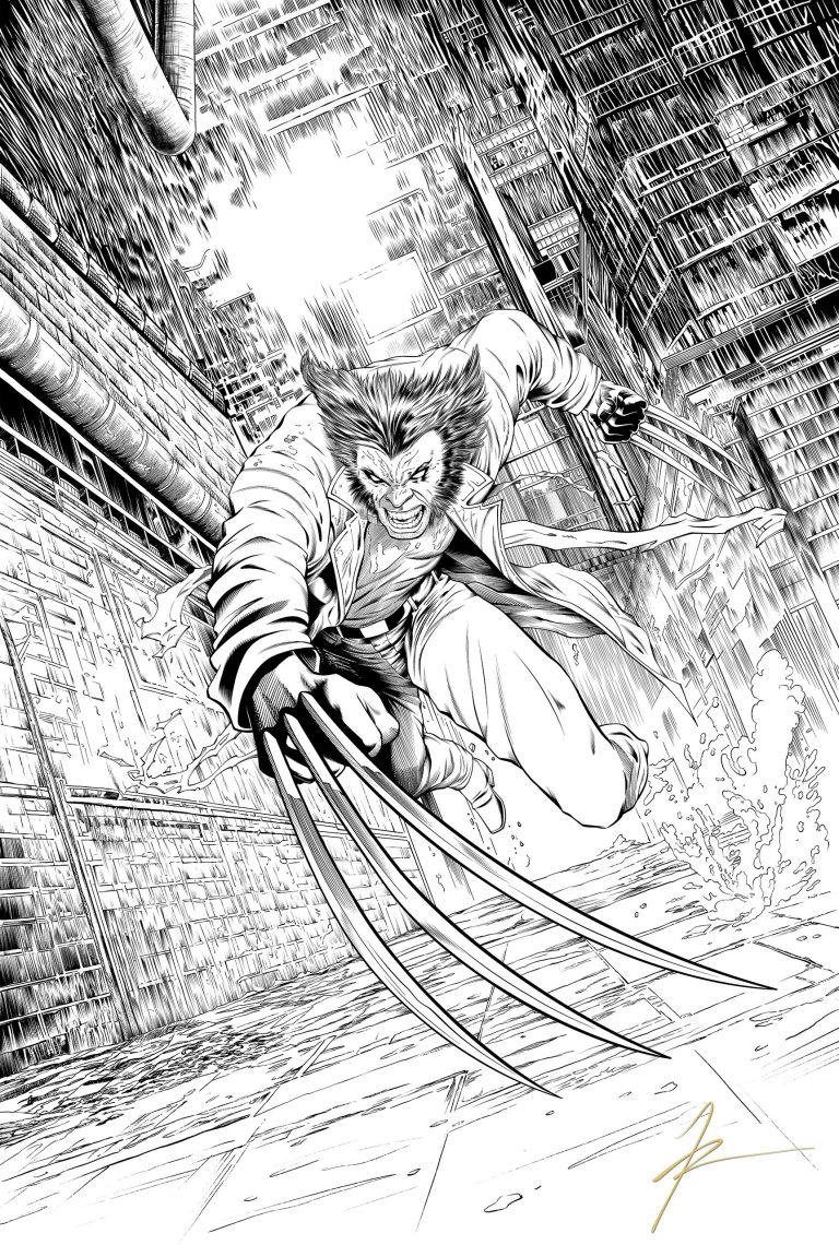 Black-and-white Wolverine illustration in an alley.