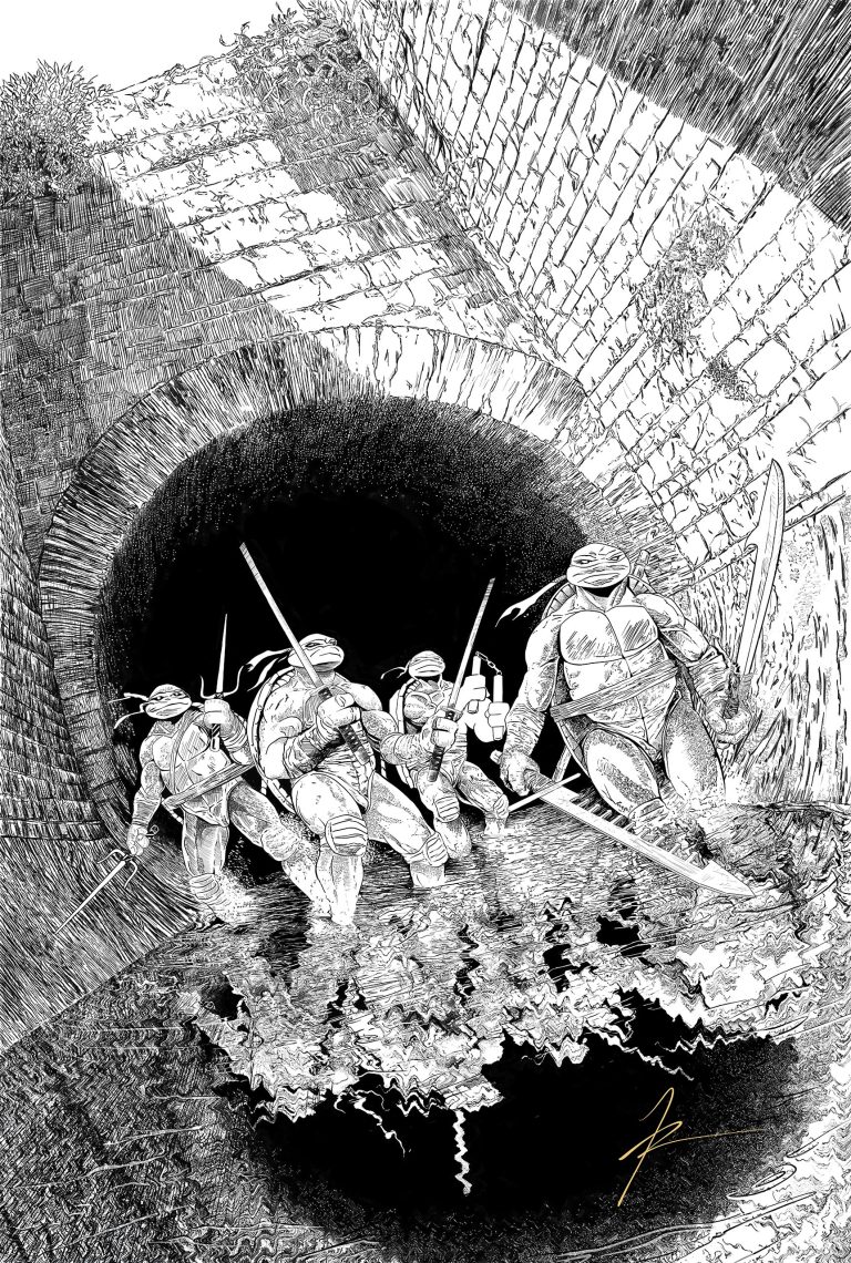 Black-and-white illustration of the Teenage Mutant Ninja Turtles emerging from a tunnel.