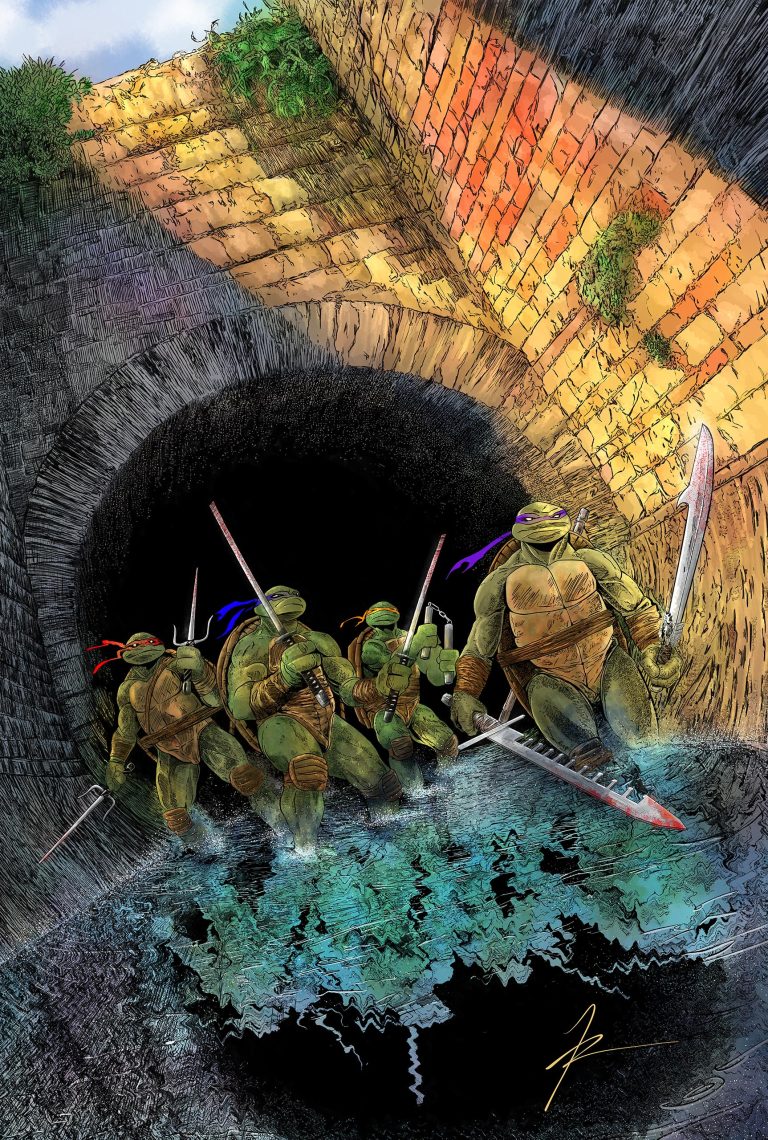 Color illustration of the Teenage Mutant Ninja Turtles emerging from a tunnel.