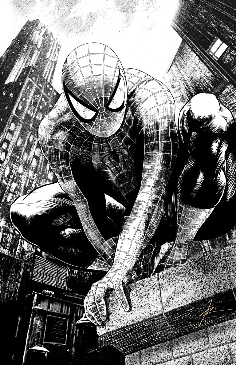 Black-and-white Spider-Man illustration crouching on a rooftop.
